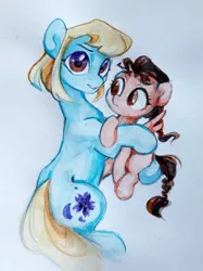 Size: 2157x2877 | Tagged: safe, artist:jewellier, derpibooru import, oc, oc:july, unofficial characters only, earth pony, pegasus, pony, female, hug, image, jpeg, mother and child, mother and daughter, oda 997, simple background, traditional art