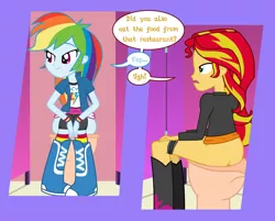 Size: 3600x2900 | Tagged: suggestive, artist:lightning_musicwave, derpibooru import, rainbow dash, sunset shimmer, equestria girls, but why, butt, clothes, image, implied scat, panties, panties pulled down, png, sitting on toilet, speech bubble, toilet, underwear