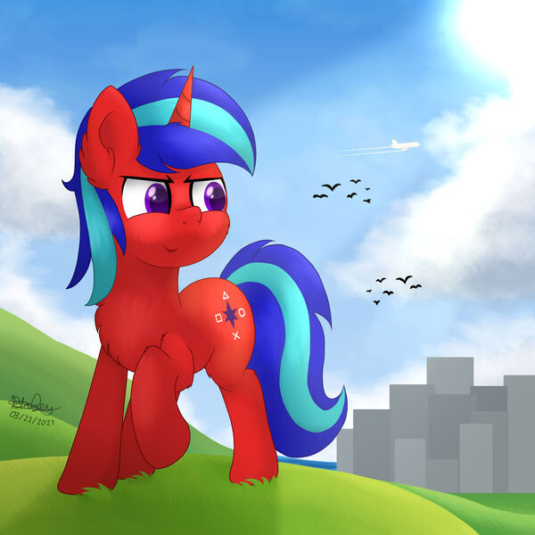 Size: 1280x1280 | Tagged: safe, artist:therealdavid09, derpibooru import, oc, oc:octavian fall, unofficial characters only, bird, pony, unicorn, building, cheek fluff, chest fluff, city, cloud, ear fluff, elbow fluff, fluffy, hoof fluff, image, jpeg, leg fluff, male, ocean, plane, solo, stallion, sun, sun ray