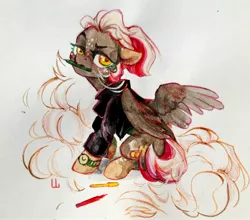 Size: 2476x2183 | Tagged: safe, artist:jewellier, derpibooru import, oc, oc:ciamon, unofficial characters only, pegasus, pony, clothes, image, jacket, jpeg, leather jacket, oda 997, simple background, traditional art