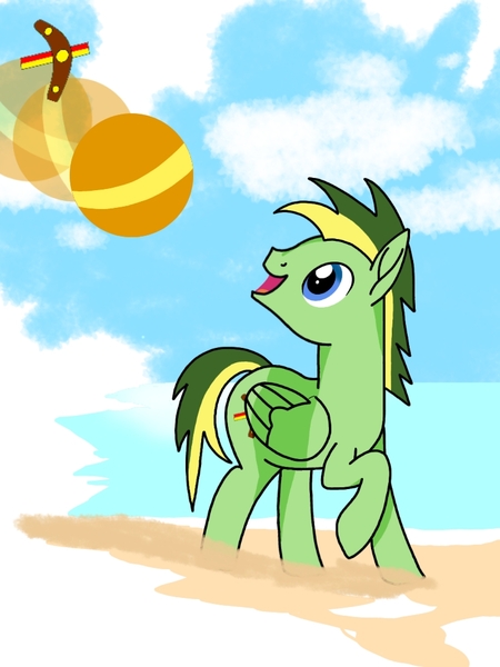 Size: 768x1024 | Tagged: safe, artist:windy breeze, derpibooru import, oc, pegasus, pony, ball, beach, cloud, cutie mark, gift art, happy, image, jpeg, male, nudity, ocean, running, smiling, solo, stallion