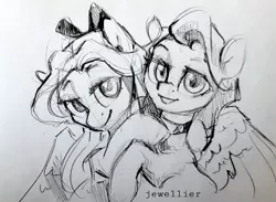 Size: 1600x1169 | Tagged: safe, artist:jewellier, derpibooru import, oc, unofficial characters only, pegasus, pony, hug, image, jpeg, monochrome, oda 997, sketch, traditional art