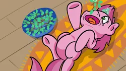 Size: 1920x1080 | Tagged: safe, artist:dinkyuniverse, derpibooru import, ruby pinch, pony, unicorn, aura, bowl, eating, female, filly, floor, food, fruit, grapes, hooves, image, lazy, living room, lying, lying down, lying on the ground, magic, open mouth, png, raised hoof, raised leg, raised tail, rug, snack, tail, telekinesis, tongue out, underhoof, wooden floor