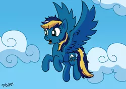 Size: 2631x1860 | Tagged: safe, artist:pony-berserker, deleted from derpibooru, derpibooru import, oc, oc:skystriker, unofficial characters only, pegasus, pony, cloud, female, flying, image, mare, open mouth, png, smiling, solo, spread wings, wings