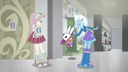 Size: 1280x720 | Tagged: safe, derpibooru import, screencap, angel bunny, fluttershy, trixie, rabbit, eqg summertime shorts, equestria girls, good vibes, animal, boots, clothes, eyes closed, image, jacket, png, shoes, socks