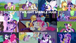 Size: 1280x721 | Tagged: safe, derpibooru import, edit, edited screencap, editor:quoterific, screencap, applejack, fluttershy, pinkie pie, princess cadance, princess ember, rainbow dash, rarity, shining armor, spike, twilight sparkle, twilight sparkle (alicorn), alicorn, dragon, earth pony, pegasus, pony, unicorn, a canterlot wedding, a royal problem, amending fences, fame and misfortune, friendship is magic, party pooped, princess twilight sparkle (episode), the crystal empire, the hooffields and mccolts, the saddle row review, triple threat, twilight's kingdom, applejack's hat, bipedal, confetti, cowboy hat, crying, crystal empire, cute, dragoness, duo, duo female, element of magic, eyes closed, female, hat, hug, image, jpeg, male, mane six, open mouth, ponyville, shocked, single tear, sugarcube corner, teeth, trio, trio female, twiabetes, twilight's castle, unicorn twilight