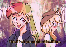 Size: 1118x794 | Tagged: safe, artist:camaleao, derpibooru import, applejack, rainbow dash, human, equestria girls, '90s, anime, anime style, appledash, blushing, female, humanized, image, jpeg, lesbian, shipping, subtitles