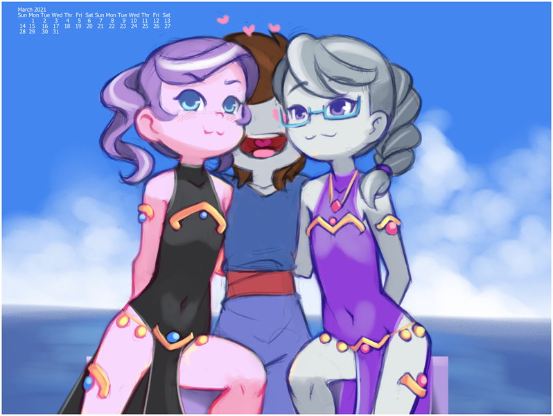 Size: 3220x2420 | Tagged: safe, artist:drantyno, banned from derpibooru, derpibooru import, diamond tiara, silver spoon, oc, equestria girls, :3, belly dancer, calendar, clothes, dress, female, harem outfit, image, legs, lolicon, ocean, png, sky, underage
