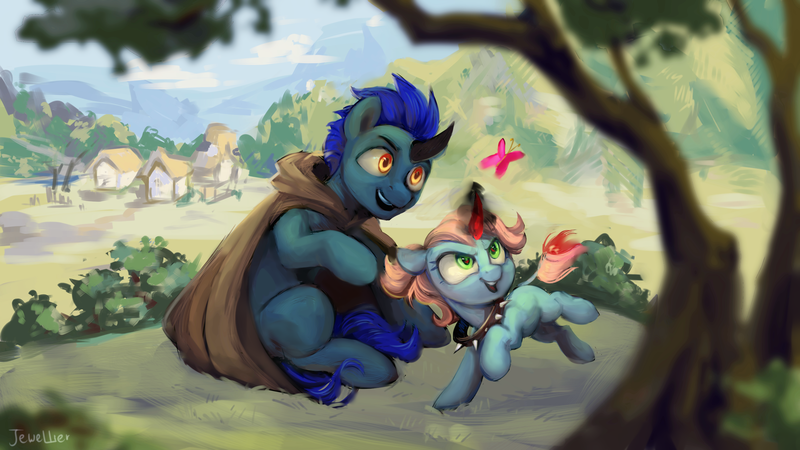 Size: 2732x1536 | Tagged: safe, artist:jewellier, derpibooru import, oc, oc:hush, unofficial characters only, butterfly, insect, pony, unicorn, cloak, clothes, father and child, father and daughter, female, forest, image, male, png, ponyville, tree