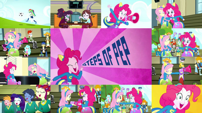 Size: 1280x721 | Tagged: safe, derpibooru import, edit, edited screencap, editor:quoterific, screencap, big macintosh, flash sentry, fluttershy, microchips, pinkie pie, rainbow dash, rarity, sandalwood, scribble dee, eqg summertime shorts, equestria girls, steps of pep, eyes closed, image, jpeg, megaphone, soccer ball (object), soccer field, the ponytones