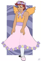 Size: 801x1200 | Tagged: safe, artist:greenarsonist, derpibooru import, scootaloo, human, amputee, bow, clothes, disability, disability au, disabled, dress, female, floral head wreath, flower, flower girl, flower girl dress, gender headcanon, humanized, image, png, prosthetic leg, prosthetic limb, prosthetics, scar, socks, solo, tan, trans female, transgender, winged humanization, wings