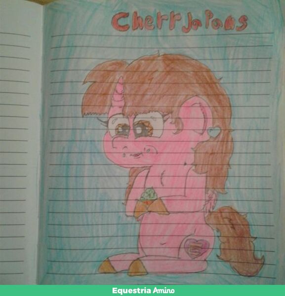 Size: 1024x1064 | Tagged: safe, artist:xxcherryjapansxx, derpibooru import, oc, unofficial characters only, pony, unicorn, horn, image, jpeg, lined paper, sitting, traditional art, unicorn oc