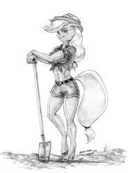 Size: 1000x1361 | Tagged: safe, artist:baron engel, derpibooru import, applejack, anthro, earth pony, unguligrade anthro, belly button, clothes, cowboy hat, female, freckles, hat, image, jpeg, midriff, monochrome, pencil drawing, shorts, shovel, smiling, solo, stetson, traditional art, wavy mouth