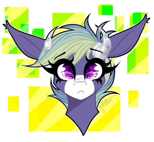 Size: 1080x991 | Tagged: safe, artist:moshi.poni, derpibooru import, oc, unofficial characters only, pony, abstract background, bust, eyelashes, frown, horns, image, jpeg, signature, solo