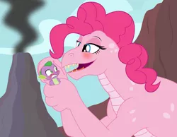 Size: 3445x2677 | Tagged: safe, artist:badumsquish, derpibooru import, pinkie pie, spike, dinosaur, dragon, my little pony: the manga, my little pony: the manga volume 1, spoiler:manga, spoiler:manga1, bedroom eyes, blushing, derpibooru exclusive, female, holding a dragon, i need an adult, image, male, monochrome, petting, pinkiespike, png, scared, shipping, size difference, species swap, spike gets all the mares, straight, volcano