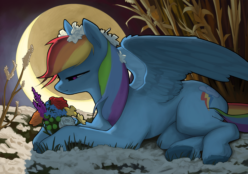 Size: 2000x1403 | Tagged: safe, artist:redruin01, derpibooru import, rainbow dash, pegasus, pony, beautiful, female, flower, flower in hair, image, lying down, mare, png, side, solo, spread wings, underhoof, wings