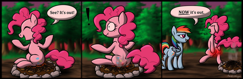 Size: 1200x390 | Tagged: safe, artist:metallicumbrage, derpibooru import, pinkie pie, rainbow dash, burned, burned butt, butt, butt fire, campfire, female, fire, image, jpeg, literal butthurt, pain, plot, sudden realization, tempting fate