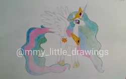 Size: 1080x681 | Tagged: safe, artist:mmy_little_drawings, derpibooru import, princess celestia, alicorn, pony, female, hoof shoes, horn, image, jewelry, jpeg, mare, peytral, solo, tiara, traditional art, watermark, wings