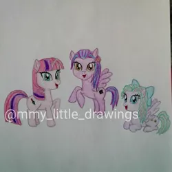 Size: 1080x1080 | Tagged: safe, artist:mmy_little_drawings, derpibooru import, oc, unofficial characters only, earth pony, pegasus, pony, bow, earth pony oc, eyelashes, female, hair bow, image, jpeg, lying down, mare, open mouth, pegasus oc, prone, rearing, smiling, traditional art, watermark, wings
