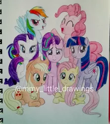 Size: 1080x1216 | Tagged: safe, artist:mmy_little_drawings, derpibooru import, applejack, fluttershy, pinkie pie, rainbow dash, rarity, twilight sparkle, twilight sparkle (alicorn), alicorn, earth pony, pegasus, pony, unicorn, eyelashes, female, hat, horn, image, jpeg, lying down, mane six, mane six opening poses, mare, prone, raised hoof, smiling, traditional art, watermark, wings