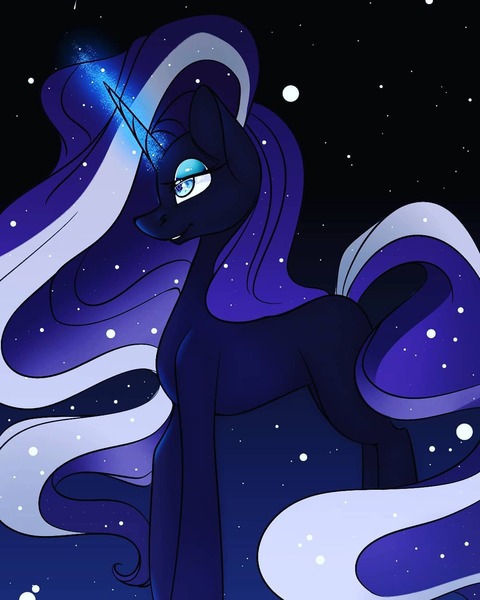 Size: 1080x1350 | Tagged: safe, alternate version, artist:tessa_key_, derpibooru import, nightmare rarity, pony, unicorn, bedroom eyes, colored, eyelashes, female, glowing horn, horn, image, jpeg, makeup, mare, night, outdoors, solo, stars