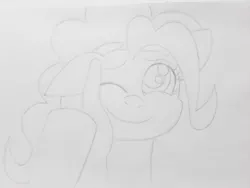 Size: 4128x3096 | Tagged: safe, artist:count adramélekh sear, derpibooru import, pinkie pie, cute, derpibooru exclusive, diapinkes, hand, holding head, image, jpeg, looking at you, one eye closed, sketch, smiling, traditional art, wip