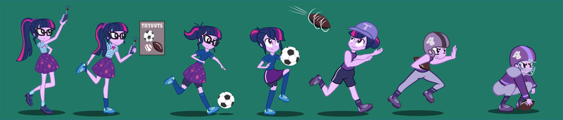 Size: 2500x533 | Tagged: safe, artist:magerblutooth, derpibooru import, sci-twi, twilight sparkle, equestria girls, american football, ball, female, football, football helmet, green background, helmet, image, personality change, png, simple background, soccer ball (object), solo, sports, transformation, transformation sequence