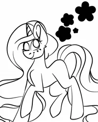 Size: 1080x1350 | Tagged: safe, artist:tessa_key_, derpibooru import, oc, unofficial characters only, pony, unicorn, female, horn, image, jpeg, lineart, mare, monochrome, one eye closed, raised hoof, simple background, smiling, solo, unicorn oc, white background, wink