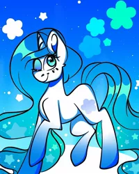 Size: 1080x1350 | Tagged: safe, alternate version, artist:tessa_key_, derpibooru import, oc, unofficial characters only, pony, unicorn, colored, ethereal mane, female, horn, image, jpeg, mare, one eye closed, raised hoof, smiling, solo, starry mane, unicorn oc, wink