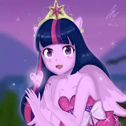 Size: 768x768 | Tagged: safe, artist:namieart, derpibooru import, twilight sparkle, twilight sparkle (alicorn), alicorn, equestria girls, equestria girls (movie), big crown thingy, blurred background, blushing, bust, cute, element of magic, fall formal outfits, heart, image, jewelry, looking at you, open mouth, png, regalia, solo, twiabetes