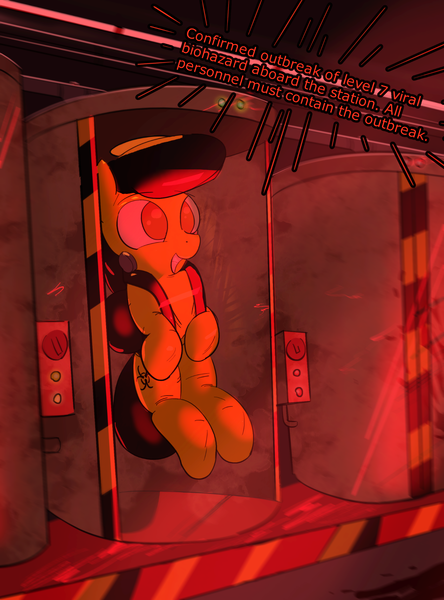 Size: 1720x2324 | Tagged: safe, artist:vultraz, oc, oc:fume hood, ponified, unofficial characters only, latex pony, object pony, original species, pony, /mlp/, 4chan, biohazard, decontamination closet, drawthread, emergency alert system, excited, female, hazmat suit, image, latex, living clothes, living object, living suit, mare, png, solo, space station 13