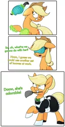Size: 1788x3531 | Tagged: safe, artist:moonatik, derpibooru import, applejack, earth pony, pony, 3 panel comic, applejack's hat, apron, brainwashing, clothes, comic, cowboy hat, drool, duster, female, forced smile, gloves, grin, hair bun, hat, hypno jack, hypnogear, hypnogoggles, hypnosis, image, magic, maid, mare, mouth hold, png, ponytail, raised hoof, simple background, smiling, solo, tail bun, tech control, telekinesis, visor