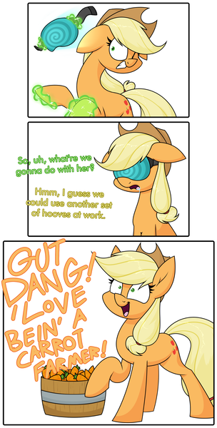 Size: 1788x3531 | Tagged: safe, alternate version, artist:moonatik, derpibooru import, applejack, earth pony, pony, 3 panel comic, applejack's hat, barrel, brainwashing, carrot, comic, cowboy hat, female, food, forced smile, hat, hypno jack, hypnogear, hypnogoggles, hypnosis, image, magic, mare, out of character, png, ponytail, raised hoof, simple background, smiling, solo, tech control, telekinesis, visor