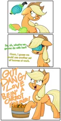 Size: 1788x3531 | Tagged: safe, alternate version, artist:moonatik, derpibooru import, applejack, earth pony, pony, 3 panel comic, applejack's hat, barrel, brainwashing, carrot, comic, cowboy hat, female, food, forced smile, hat, hypno jack, hypnogear, hypnogoggles, hypnosis, image, magic, mare, out of character, png, ponytail, raised hoof, simple background, smiling, solo, tech control, telekinesis, visor