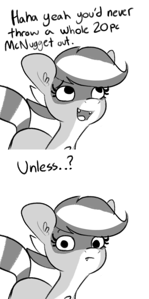 Size: 1000x2000 | Tagged: safe, artist:tjpones, derpibooru import, oc, oc:bandy cyoot, unofficial characters only, hybrid, pony, raccoon, raccoon pony, 2 panel comic, comic, dialogue, female, image, looking at you, mare, png, simple background, solo, white background