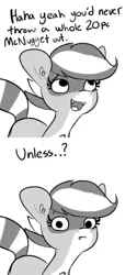 Size: 1000x2000 | Tagged: safe, artist:tjpones, derpibooru import, oc, oc:bandy cyoot, unofficial characters only, hybrid, pony, raccoon, raccoon pony, 2 panel comic, comic, dialogue, female, image, looking at you, mare, png, simple background, solo, white background