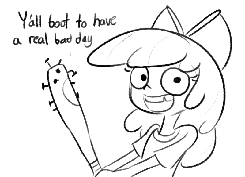 Size: 1380x1000 | Tagged: safe, artist:tjpones, derpibooru import, apple bloom, equestria girls, baseball bat, black and white, female, grayscale, image, looking at you, monochrome, nail, png, simple background, solo, talking to viewer, tooth gap, white background