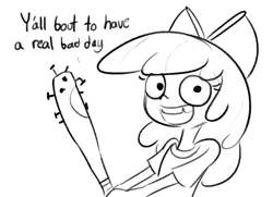 Size: 1380x1000 | Tagged: safe, artist:tjpones, derpibooru import, apple bloom, equestria girls, baseball bat, black and white, female, grayscale, image, looking at you, monochrome, nail, png, simple background, solo, talking to viewer, tooth gap, white background