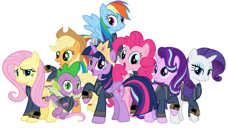 Size: 5360x3008 | Tagged: safe, artist:alandssparkle, artist:andoanimalia, artist:patec, artist:ponygamer2020, artist:snapshopvisuals, derpibooru import, applejack, fluttershy, pinkie pie, rainbow dash, rarity, spike, starlight glimmer, twilight sparkle, twilight sparkle (alicorn), alicorn, dragon, earth pony, pegasus, pony, unicorn, fallout equestria, applejack's hat, bipedal, clothes, cowboy hat, crown, fallout, female, flying, hat, image, jewelry, jumpsuit, looking at you, male, mane eight, mane seven, mane six, open mouth, pipboy, png, regalia, simple background, teeth, transparent background, vault suit, vector