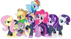 Size: 5360x3008 | Tagged: safe, artist:alandssparkle, artist:andoanimalia, artist:patec, artist:ponygamer2020, artist:snapshopvisuals, derpibooru import, applejack, fluttershy, pinkie pie, rainbow dash, rarity, spike, starlight glimmer, twilight sparkle, twilight sparkle (alicorn), alicorn, dragon, earth pony, pegasus, pony, unicorn, fallout equestria, applejack's hat, bipedal, clothes, cowboy hat, crown, fallout, female, flying, hat, image, jewelry, jumpsuit, looking at you, male, mane eight, mane seven, mane six, open mouth, pipboy, png, regalia, simple background, teeth, transparent background, vault suit, vector