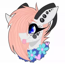 Size: 1002x975 | Tagged: safe, alternate version, artist:moshi.poni, derpibooru import, oc, unofficial characters only, pony, :p, background removed, bust, colored, ear piercing, eyelashes, female, flower necklace, hair over one eye, horns, image, jpeg, mare, piercing, simple background, solo, tongue out, white background