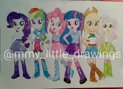 Size: 1080x788 | Tagged: safe, artist:mmy_little_drawings, derpibooru import, applejack, fluttershy, pinkie pie, rainbow dash, rarity, sci-twi, twilight sparkle, equestria girls, boots, clothes, cutie mark, cutie mark on clothes, eyelashes, female, hat, high heel boots, humane five, humane six, image, jpeg, obtrusive watermark, shoes, skirt, smiling, traditional art, watermark