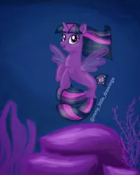 Size: 1080x1350 | Tagged: safe, artist:mmy_little_drawings, derpibooru import, twilight sparkle, seapony (g4), female, horn, image, jpeg, seaponified, seapony twilight, smiling, solo, species swap, underwater, watermark, wings