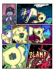 Size: 768x1024 | Tagged: semi-grimdark, artist:princebluemoon3, author:bigonionbean, derpibooru import, oc, oc:rainbow tashie, dragon, earth pony, pony, comic:the chaos within us, blood, blushing, butt, canterlot, canterlot castle, colored, comic, commissioner:bigonionbean, crying, dialogue, drawing, dream, embedded, flank, frightened, grayscale, horrified, image, monochrome, night, nightmare, plot, png, scared, screaming, shedding, swelling, swollen, tears of pain, teary eyes, transformation, vein, vein bulge