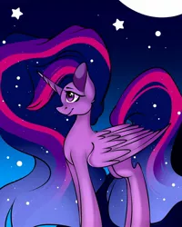 Size: 1080x1350 | Tagged: safe, alternate version, artist:tessa_key_, derpibooru import, princess twilight 2.0, twilight sparkle, twilight sparkle (alicorn), alicorn, pony, the last problem, colored, ethereal mane, female, full moon, horn, image, jpeg, mare, moon, older, older twilight, smiling, starry mane, stars, wings