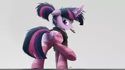 Size: 2000x1125 | Tagged: editor needed, safe, artist:ncmares, edit, twilight sparkle, pony, unicorn, alternate hairstyle, butt, clothes, dock, donut, featureless crotch, female, food, habit, image, looking back, magic, mare, mouth hold, plot, png, ponytail, rear view, signature, socks, solo, striped socks, telekinesis, twibutt, unicorn twilight, wingless, wingless edit