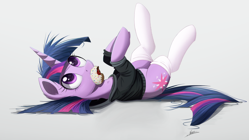 Size: 2000x1125 | Tagged: editor needed, safe, artist:ncmares, edit, twilight sparkle, pony, unicorn, clothes, cute, donut, female, food, hoodie, image, mouth hold, ncmares is trying to murder us, on back, png, socks, solo, twiabetes, unicorn twilight, wingless, wingless edit