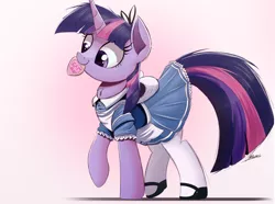 Size: 2000x1484 | Tagged: editor needed, safe, artist:ncmares, edit, twilight sparkle, pony, unicorn, alice in wonderland, chest fluff, clothes, cute, dress, female, fluffy, gradient background, image, mare, mouth hold, nom, png, raised hoof, raised leg, signature, smiling, solo, twiabetes, unicorn twilight, what could possibly go wrong, wingless, wingless edit