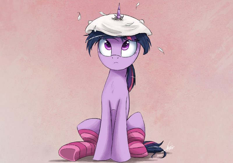 Size: 2000x1397 | Tagged: editor needed, safe, artist:ncmares, edit, twilight sparkle, pony, unicorn, clothes, feather, female, frown, horn, horn impalement, image, looking up, mare, messy mane, pillow, pillow hat, png, sitting, socks, solo, striped socks, underhoof, unicorn twilight, wide eyes, wingless, wingless edit