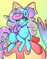Size: 1080x1350 | Tagged: safe, alternate version, artist:tessa_key_, derpibooru import, oc, unofficial characters only, pony, unicorn, abstract background, bow, candy, colored, eyelashes, female, food, hair bow, horn, image, jpeg, mare, one eye closed, sitting, smiling, solo, unicorn oc, wink